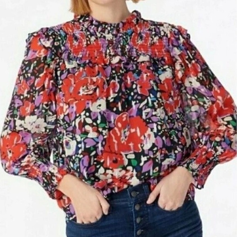 J. Crew Floral Print‎ Smocked Ruffle Neck Long Sleeve Blouse Shirt Women M